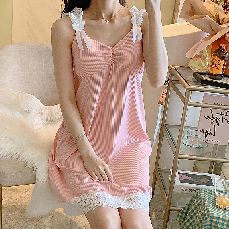 Sexy Pure Cotton Sleepwear Women V Neck Lace Stitching Nightdress Comfort Backless Nightgown Sling Dress Soft Home Loungewear