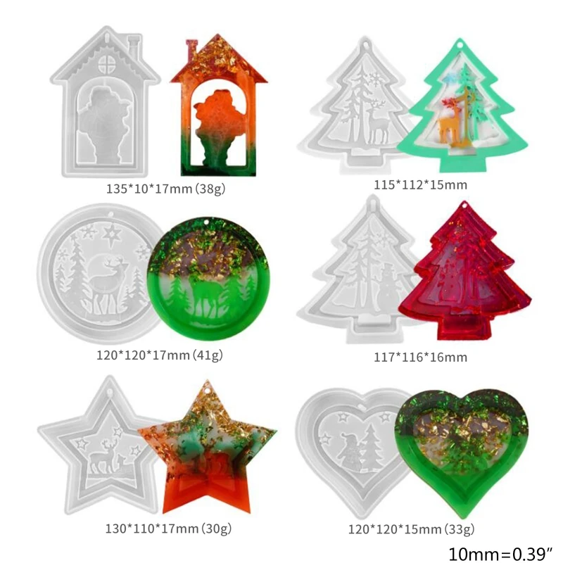 

6Pcs Crystal Epoxy Resin Mold Christmas Theme Listed Pendant DIY Silicone Mould