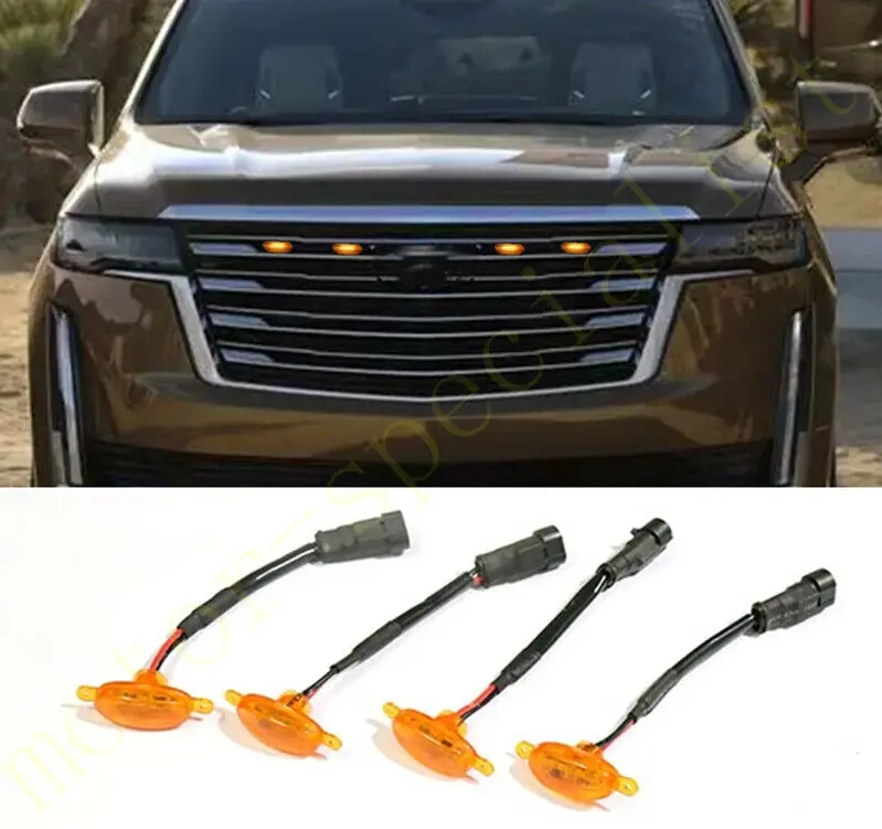 

4PCS Fit For Cadillac Escalade 2021 LED Car Front bumper Grille LED Yellow Light Raptor Style Light Kit Decor W/ Wire Speed