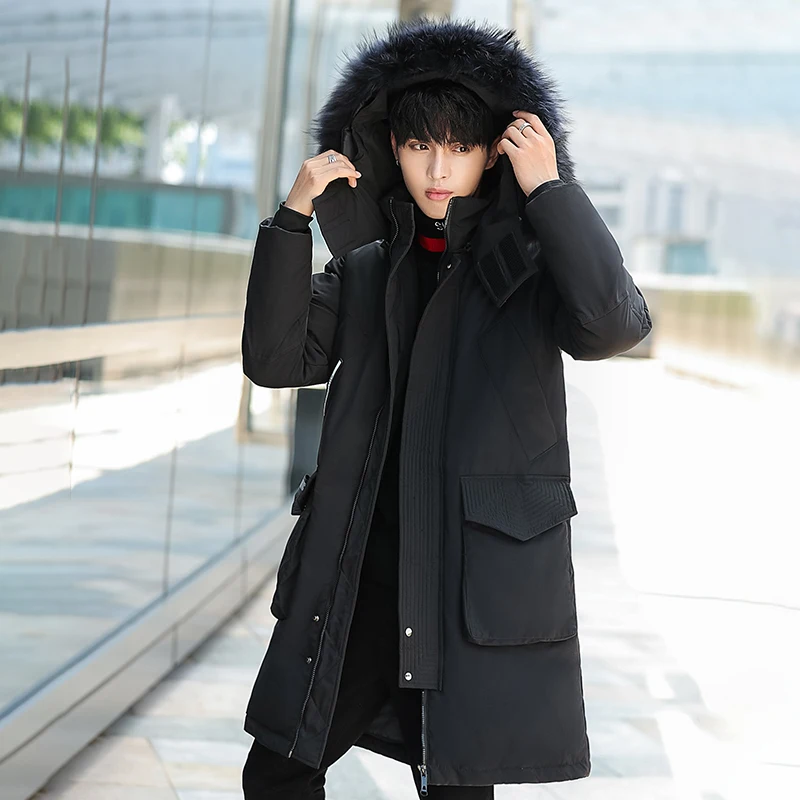 Winter men's down jacket 90% white duck down coat fashion trend thicken warm fur collar mid-long jacket casual running men style