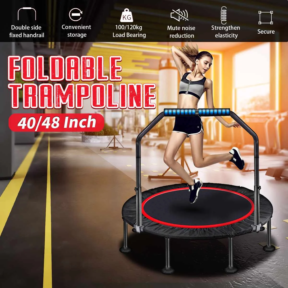 

Gym Exercise Inch Indoor Trampoline with Handrail Jumping Bed Pad Fitness Adult Rebounder Outdoor Round Equipment 40/48