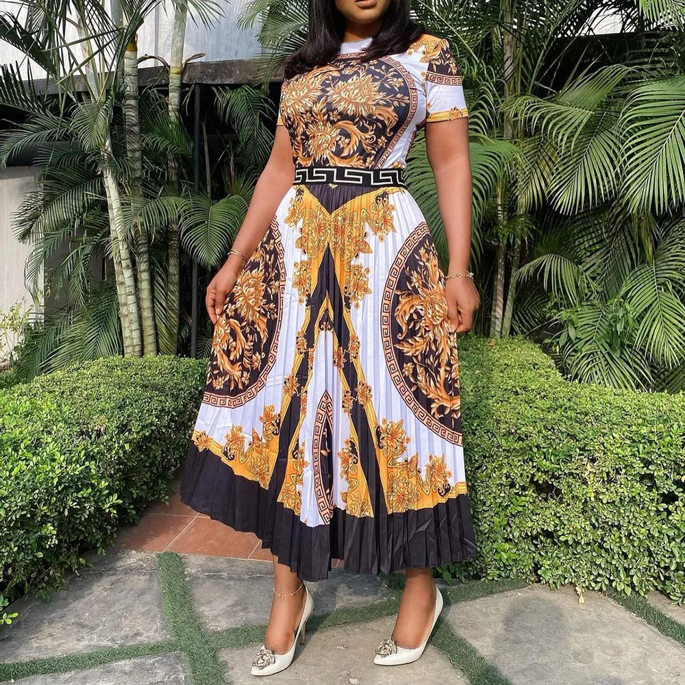 

Dress 2021 New Style Mid-Calf Short Sleeve Pullover Western And Casual High Waist Suit Street Beat And Indoor Wear