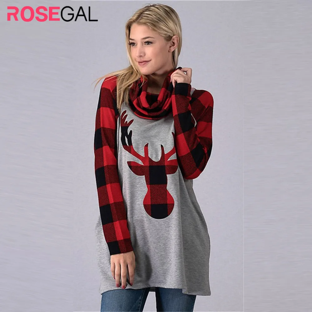 ROSEGAL Рождественские Длинные футболки женские плюс размер с воротником-хомутом в