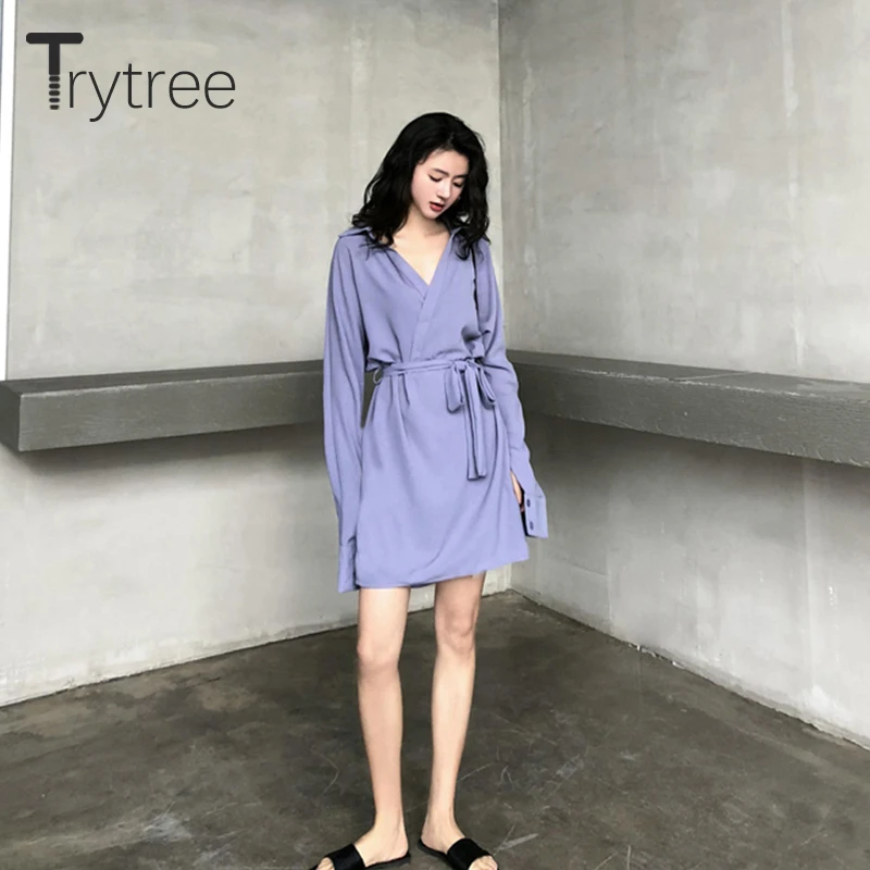 Женское платье-рубашка Trytree однотонное Повседневное платье-трапеция с v-образным