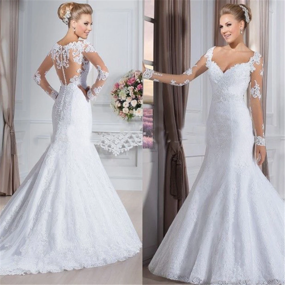 

Woman Wedding Dress White Long Sleeves Deep V-Neck Court Train Beading Crystals Luxurury Mermaid Long Sleeves Bridal Party Dress