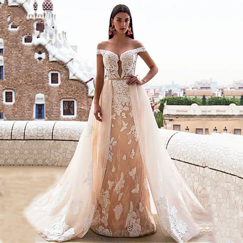 

Luxury Mermaid Wedding Dresses Tube Top Halter Detachable Train 2 In 1 Lace Decal Wedding gowns Tailor-made