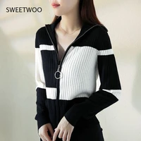 sweaters womens knit 2021 autumn fashion knitted woollen zipper splicing warm cardigan jumper jerseys sweater woman