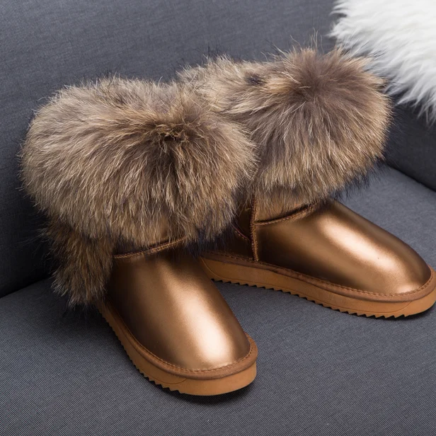 gold fox fur G& Zaco/Роскошные зимние ботинки с натуральным лисьим мехом; женские ботинки из натуральной кожи; Средний теленок; водонепроницаемые ботинки из коровьей кожи с натуральным мехом - Цвет: gold fox fur