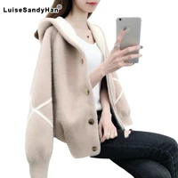 2022 womens jacket with cap students loose autumn and winter new water velvet knit cardigan thick warm