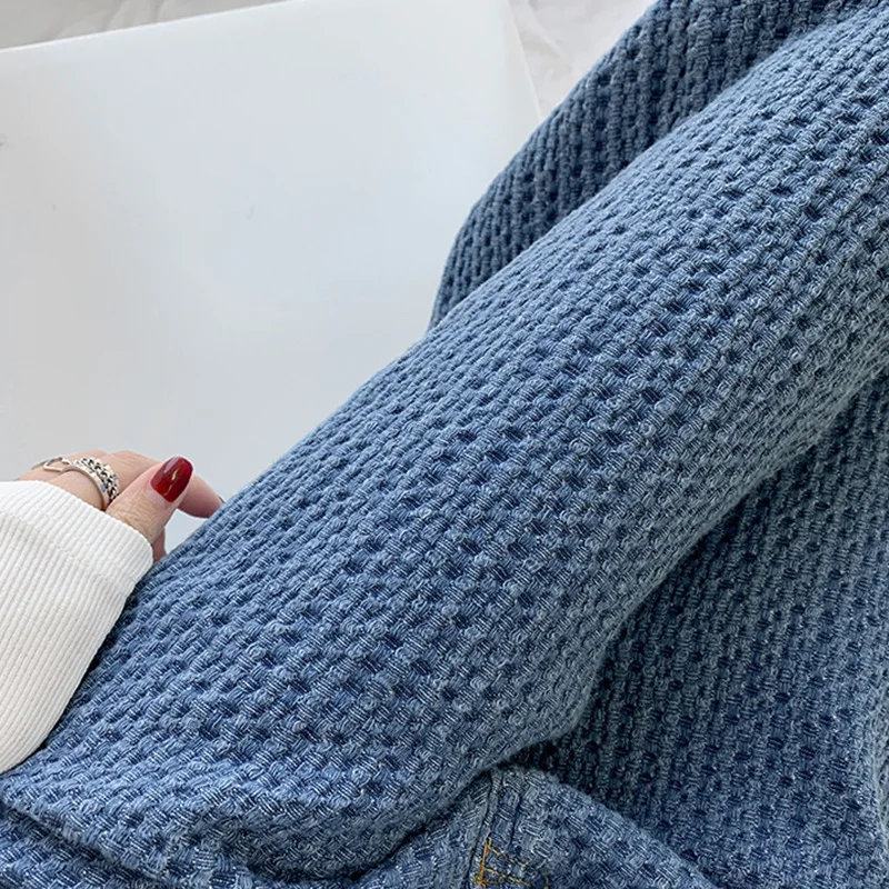 

Plus Size Stripe Denim Jeans Female High Waist Baggy Wide Leg Pants Straight Weave Breathable Trousers Streetwear Comfortable