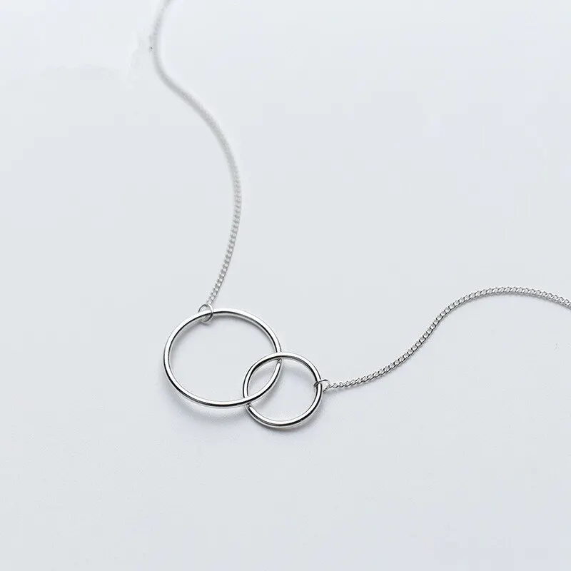 

A00831 Jazaz Real 925 Sterling Silver Jewelry Personality Geometric Round Double Circle Interlocking Pendant Necklace For Women