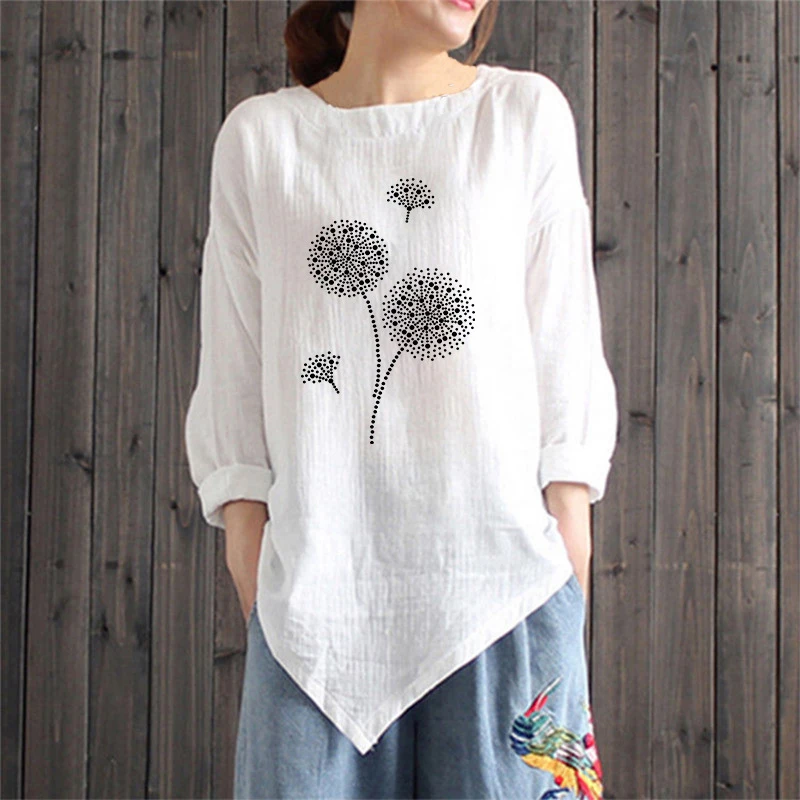 

Elegant Women's Dandelion Printed Long Sleeve Round Neck T-shirt Ladies Casual Linen Summer TShirts Plus Size Pullover Tops
