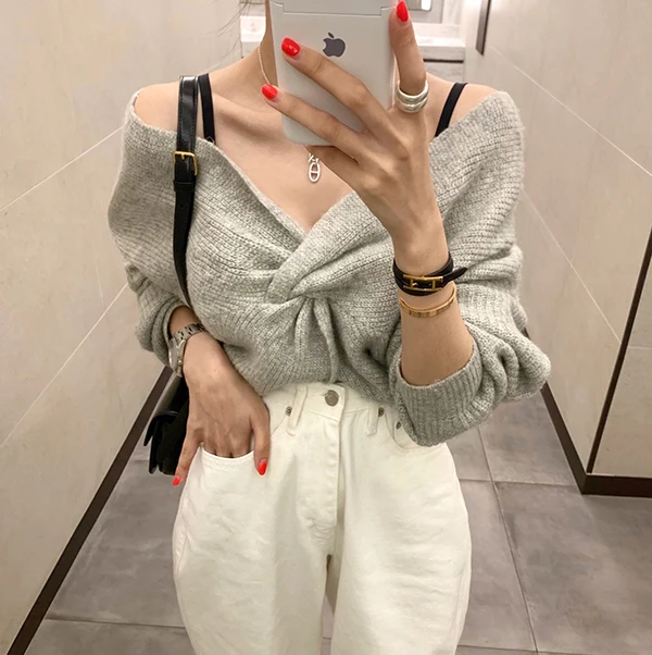 

WAVSIYIER korean elegant jumper pullover vintage sweater women knitted cute 2020 autumn winter thick loose oversized woman solid