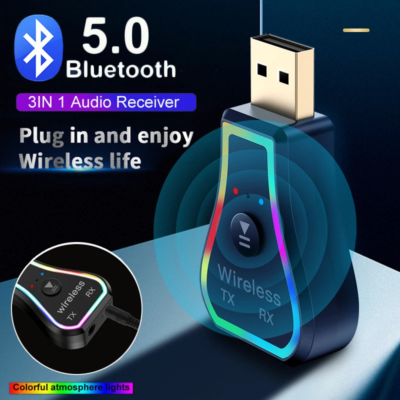 

Приемник Bluetooth 5,0, 7 цветов освесветильник, беспроводной адаптер для наушников, ТВ, ПК, автомобильный комплект, 3,5 мм, AUX разъем, USB, передатчик з...