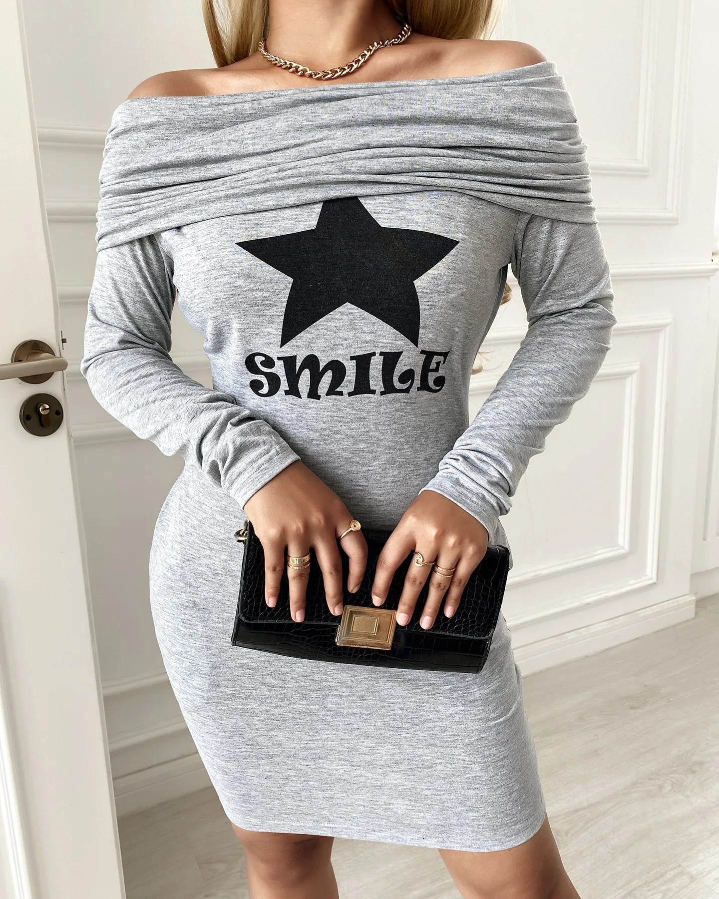 

Mini Dress Women's Fashion 2021 Summer Casual Star Print Ruffle Off Shoulder Sweatshirt Dress Women's Solid