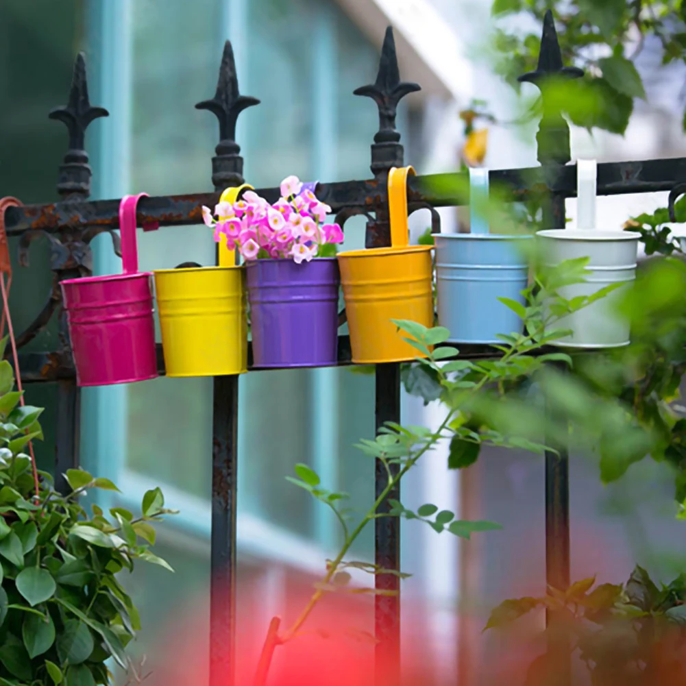 

5/10pcs Wall Hanging Flower Pots Metal Fence Hanging Plant Pots Iron Garden Planter Pots Tin Bucket Holder Basket Home Garden