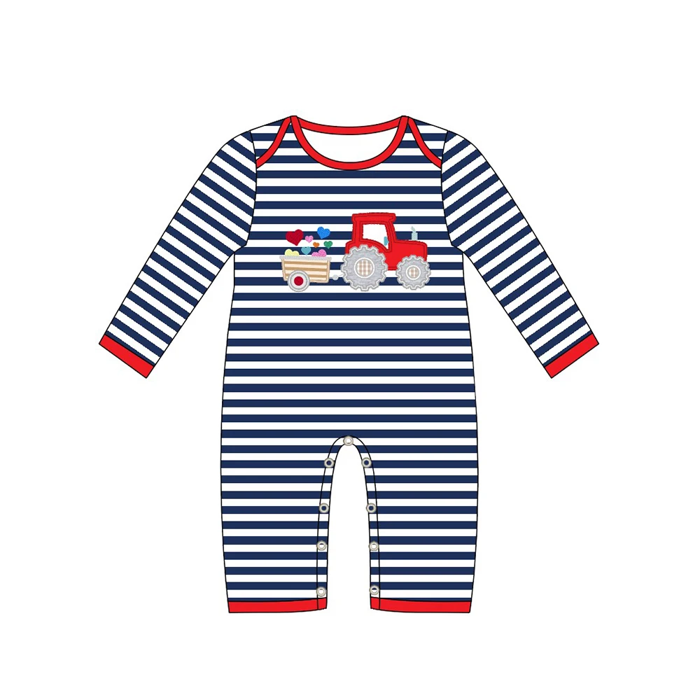 

Autumn Clothes Boy Red Cuffs Black Striped Long Sleeve Valentine's Day Tractor Pulling Love Heart Embroidery Toddler Romper