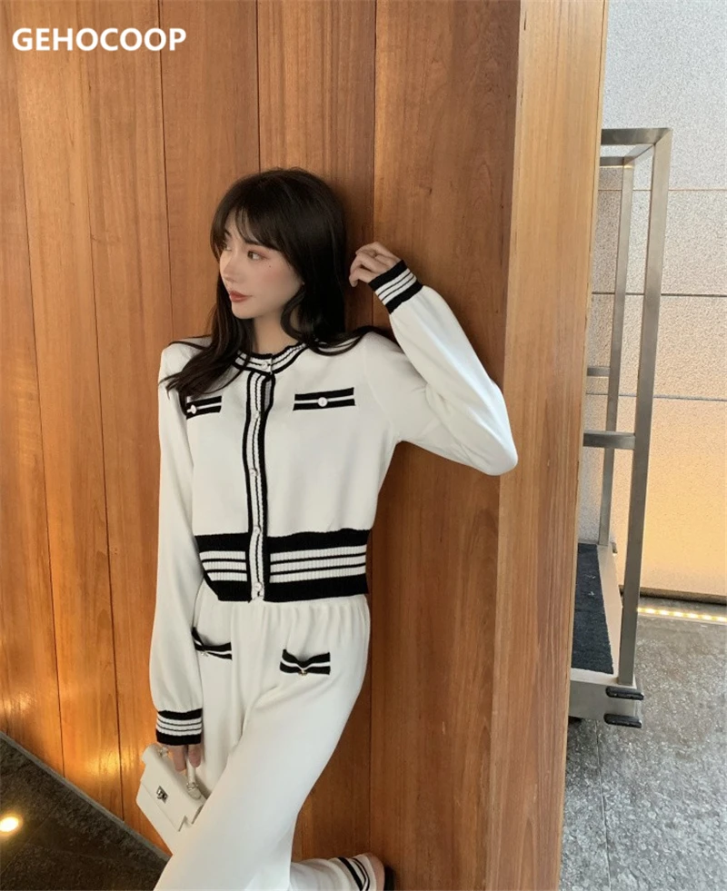 

Gehocoop Women's Suit Trouser Suits Knitted Wide Leg Pants Winter Warm Suit for Women 2 pieces Fashion Casual Female Set Clothes