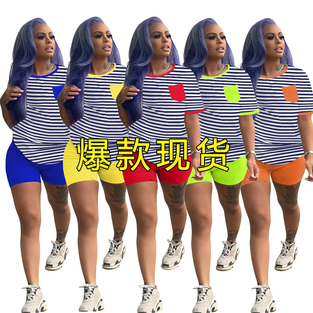 

FNOCE международная торговля Женский Летний Новый Стиль Модный Полосатый Принт Повседневный Спортивный костюм из двух частей женские шорты