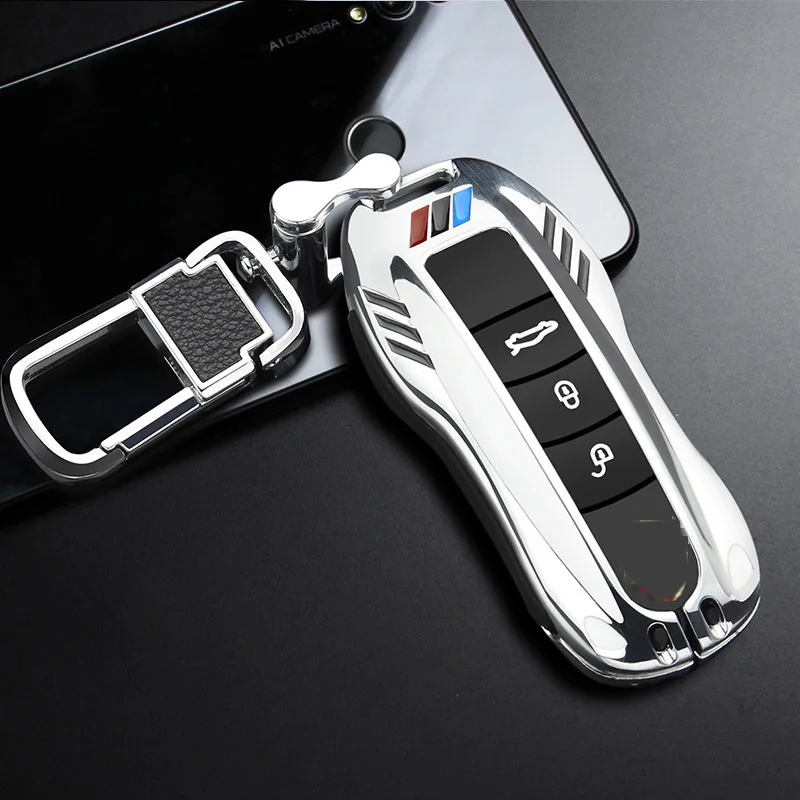 silver buckle set Чехол для ключей автомобиля из цинкового сплава, чехол-брелок для Porsche Boxster Cayman 911, Panamera Cayenne Macan, подарок для мужчин с цепочкой для ключей - Название цвета: silver buckle set