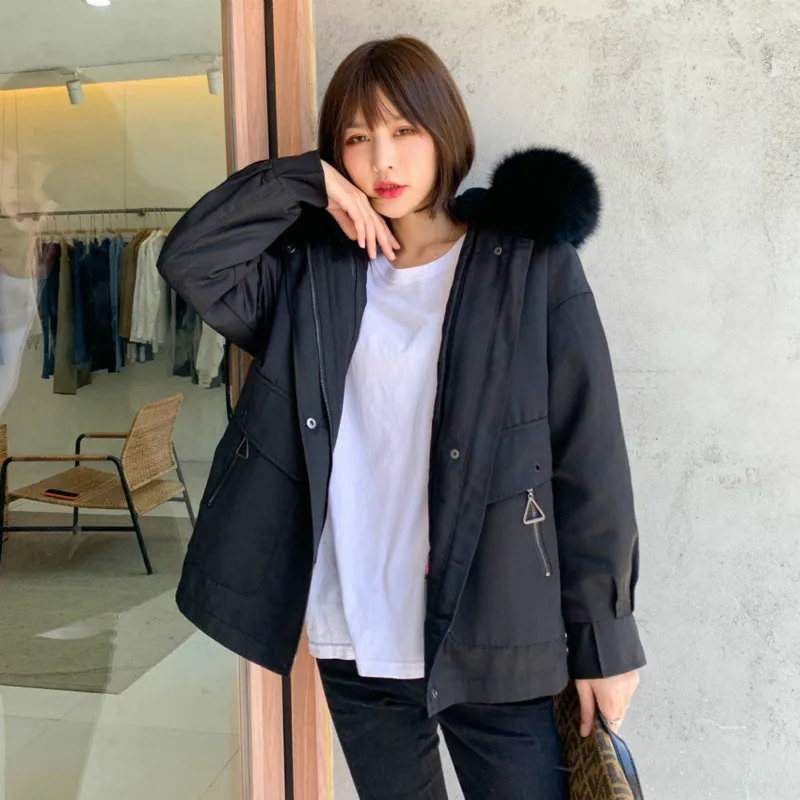

2020 Winter Jacket Women Real Natural Genuine Coat Parka Collar Fox Fur Liner Black Striped Long Coat Streetwear New Fashion N62