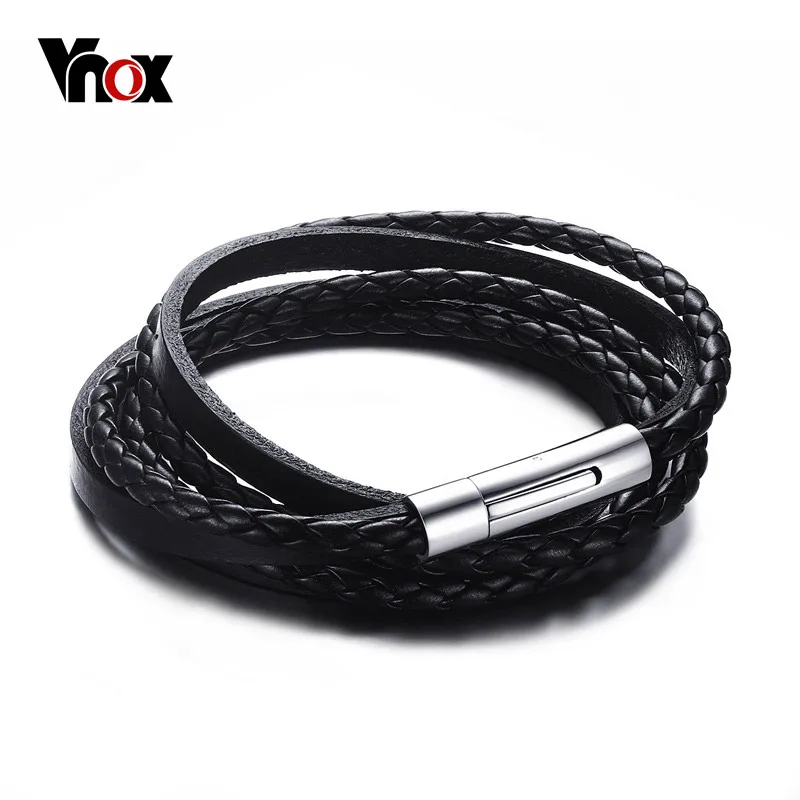 Vnox ручной работы женский черный плетеный кожаный браслет реальной многожильных