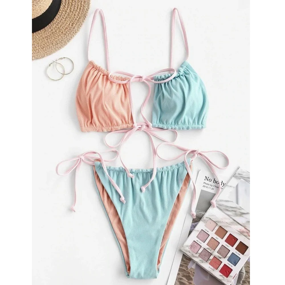 

Женский купальник-бандо в рубчик, бандажный купальный костюм из двух предметов, комплект бикини Triange, купальный костюм для женщин