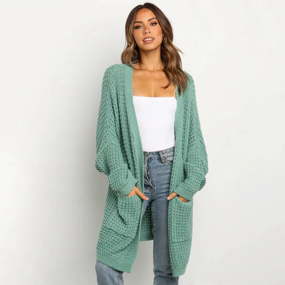

2021 Autumn Winter Cardigan Knitted Long Sleeve Women Coat Green Basic Knitwear V Neck Pocket Casual Solid Long Woman Cardigan