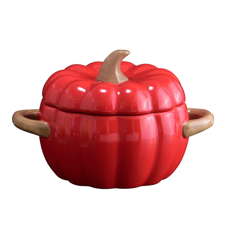 

Halloween Pumpkin tomato shape binaural bowl with lid baking bowl separated water stewed ceramic bowl with lid dessert soup bowl