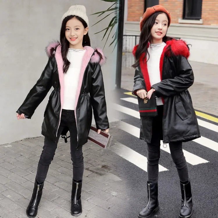 Зимняя теплая плотная куртка для девочек Детское пальто из искусственной кожи с