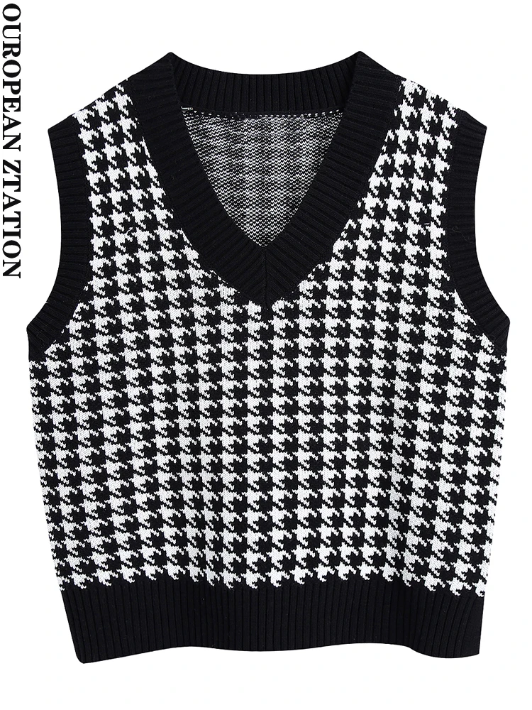 

Женская мода 2022 za с ребристой отделкой, клетчатый вязаный жилет, свитер, винтажный женский жилет без рукавов с v-образным вырезом, шикарные т...