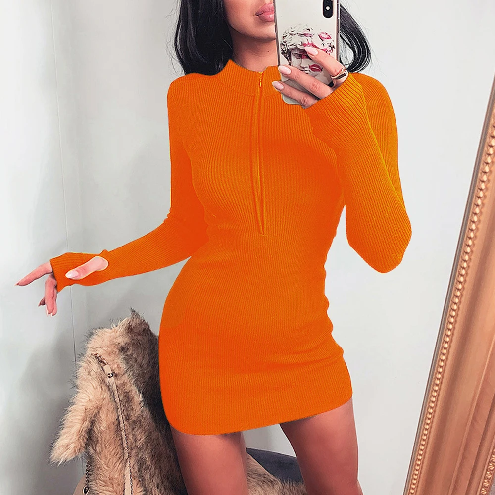 

Autumn Winter Clubwear Woman's Bodycon Dress Sexy Skinny Evening Party Dresses Zipper Deep V Neck Long Sleeve Elastic Mini Dress