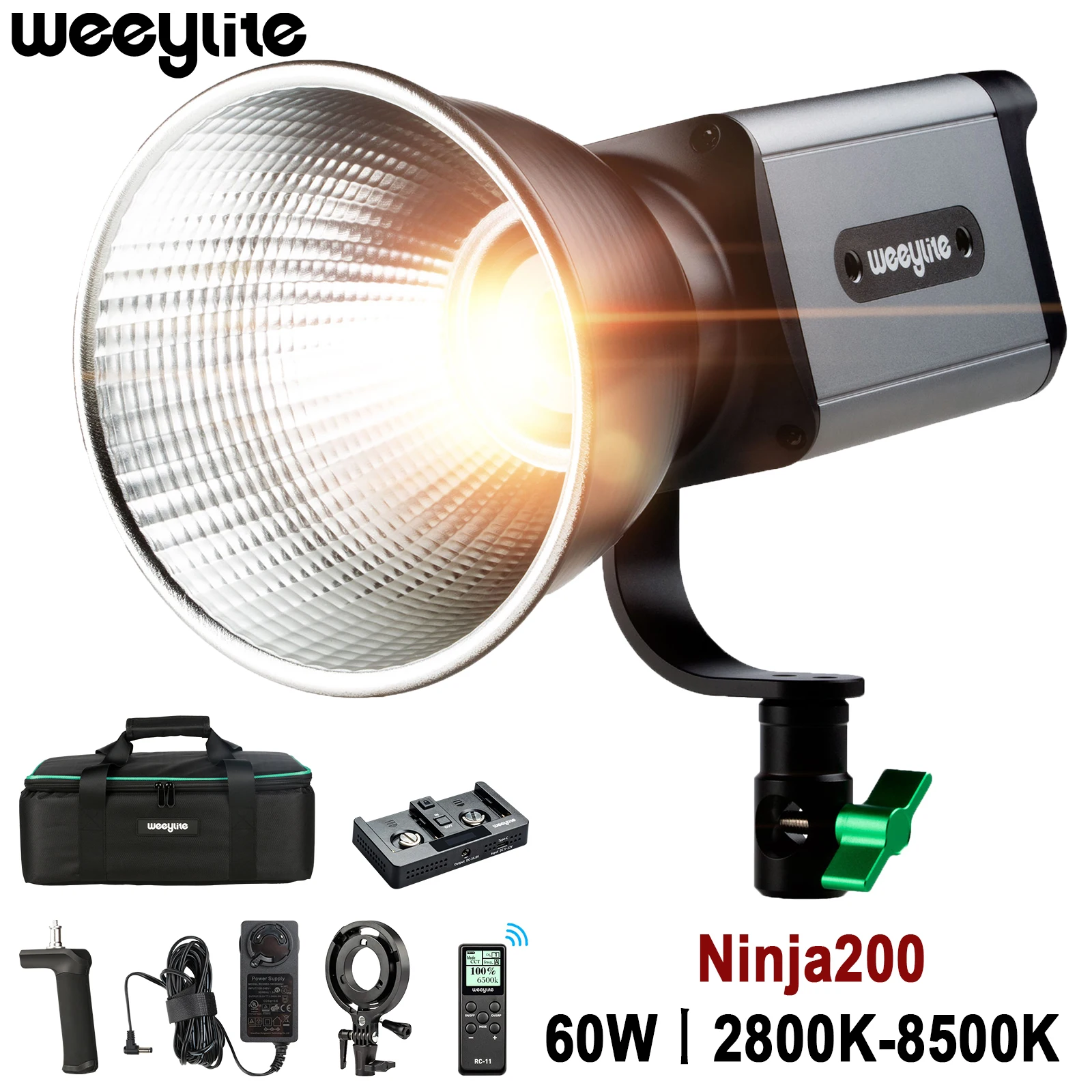 

Weeylite Ninja 200 LED Video COB Light 60W Bi-Color 2500-8500K CRI95 Continuous Output Bowens Mount for Studio Photography Shoot