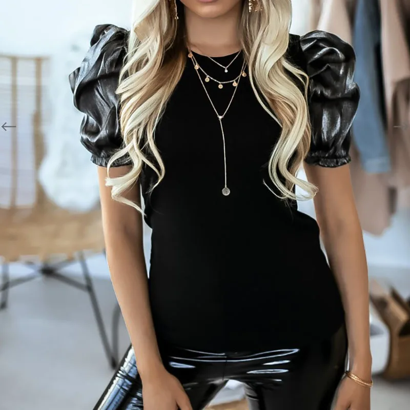 

Fashion Lantern Sleeve Women Round Neck Blouse Summer Solid Patchwork Slim Short Sleeve Shirt Elegant Female Casual Tops Blusa