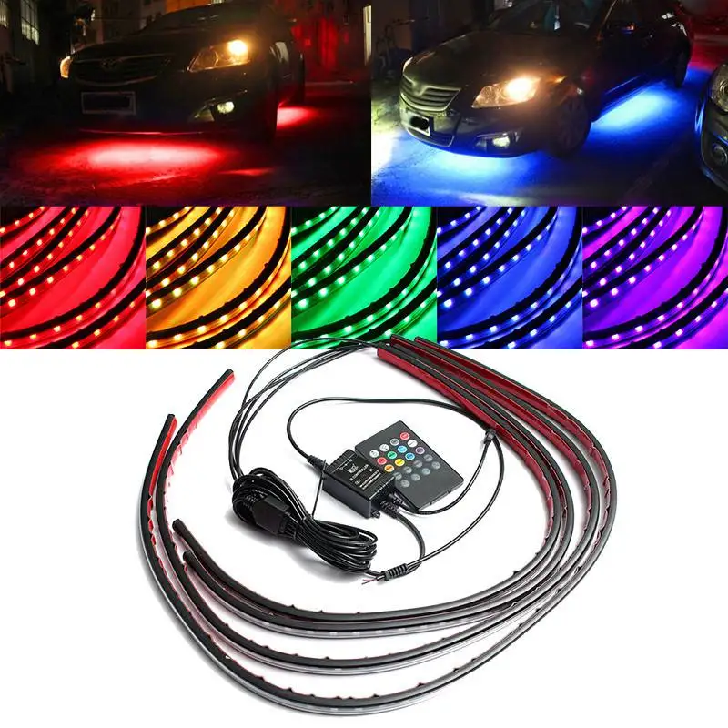 

4x Waterproof RGB 5050 SMD Flexible LED Strip Under Car Tube Underglow Underbody System Neon Light Kit With Remote Control DC12V