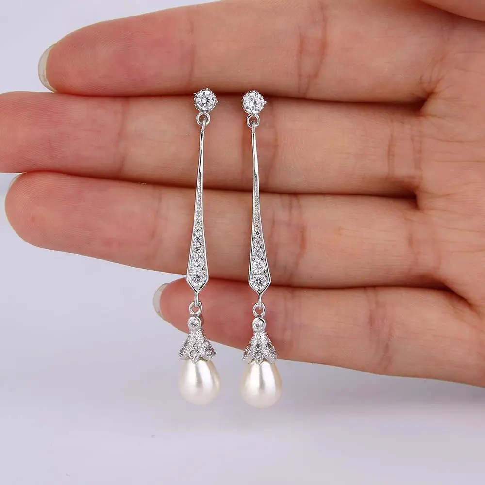Длинные женские серьги с жемчугом из меди и фианита|long dangle earrings|dangle earringsfashion earrings |
