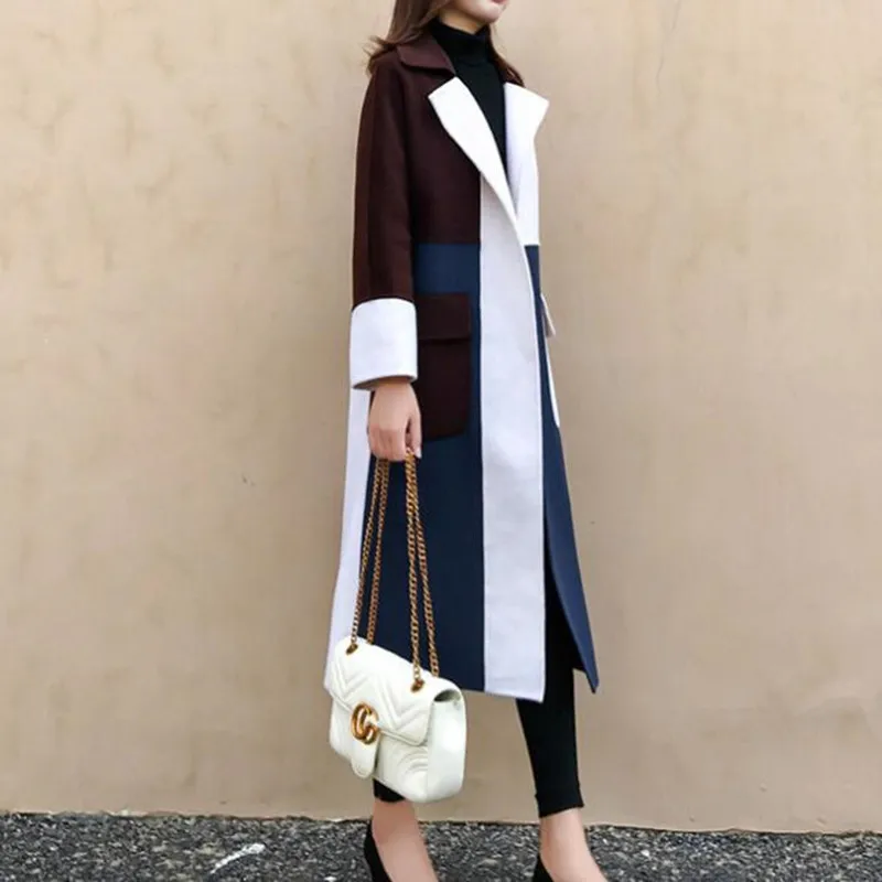 

Spring New Elegant Contrast Color Lapels Long Wool Coat Women Autumn Winter High Quality Blend Long-sleeved blazer Warm Outwear