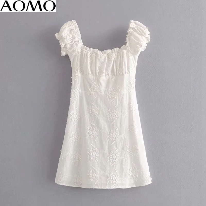

AOMO fashion women white embroidery cotton dress French style short sleeve ladies summer beach dress vestidos 1T17A