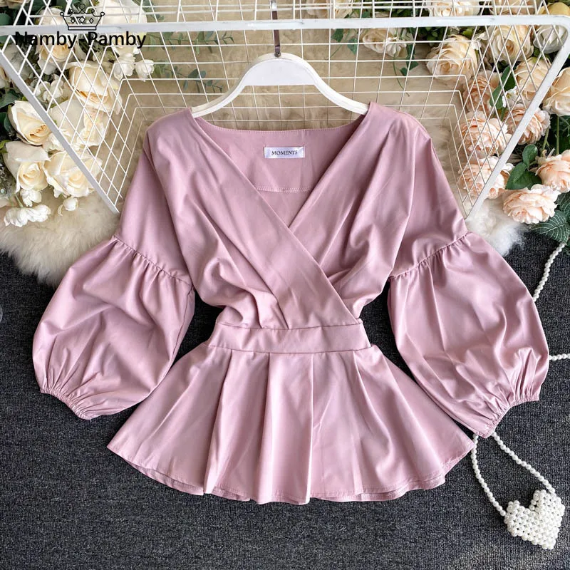 

Spring Autumn Women's Blouse Hong Kong Flavor Retro V-neck Lantern Sleeves Top New Solid Color Thin Lotus Leaf Hem Tops LL152
