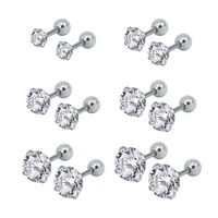 zs 6 pairslot stainless steel silver color cz stud earrings set womens crystal earrings ear studs female ear piercing jewelry
