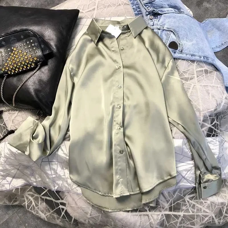 

Silk Korean Office Ladies Elegant Shirt Blouse Vintage Blouse Women White Lady Long Sleeves Female Soft OL Style Elegant Shirt