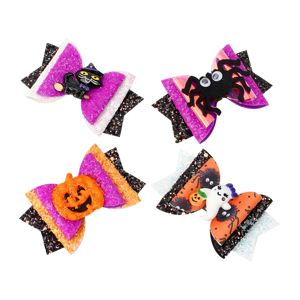 

Cheer Bow 3" Halloween Hair Bows Clips Glitter Cartoon Pumpkin Ghost Spider Hairgrips For Girls Kids Party Hairpins Accessories