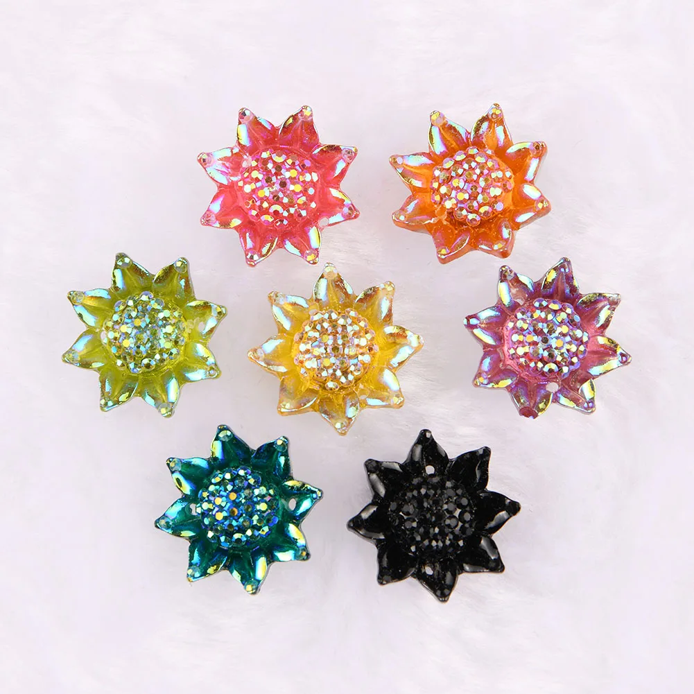 

BOLIAO 40Pcs New 15mm Rose Flower AB Color Shiny Resin Flat Back Sew on Bags/Clothes Pendant Decoration 2 Hole R319