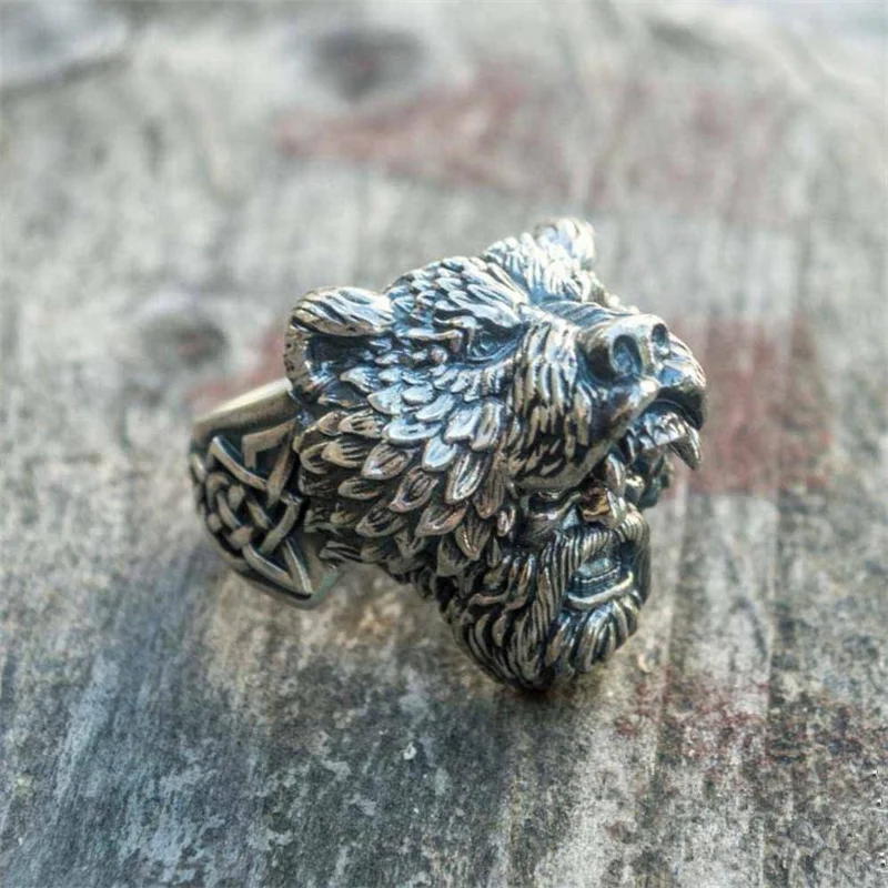 

Hot Sale Viking Men's Fierce Nordic Ice Wolf Hunter Bear Head Celtic Geometric Pattern Finger Ring for Male Party Jewelry