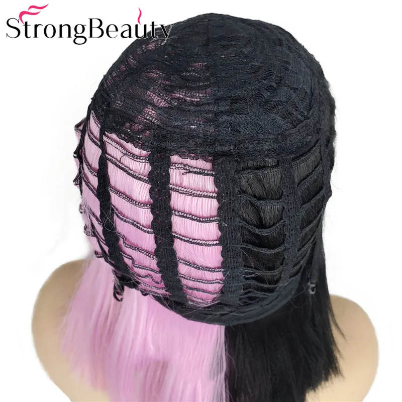 

StrongBeauty Kinky Straight Medium Length Wigs Pink/Golden with Half Black Synthetic Hair Heat Resistant Cosplay Hair Wig