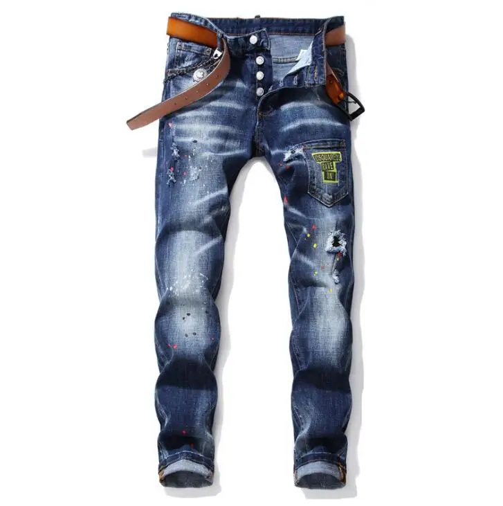 Trousers men's tight-fitting jeans pantalones hombre new fashion trend stitching with ripped paint spray blue beggar pants
