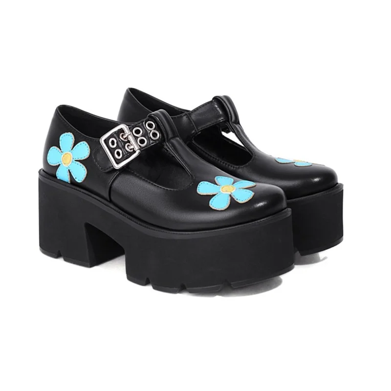 

Prova Perfetto punk style black women pumps sweet flower round toe thick bottom buckle leather shoes women's high platform shoes