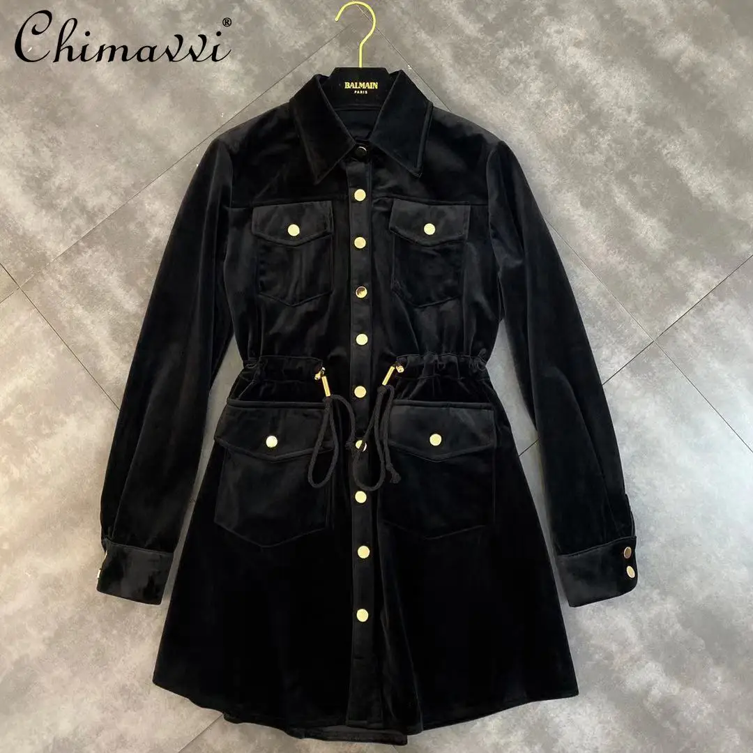 

2021 New Winter Clothes Fashion Polo Collar Long Sleeve Pocket Waist Dress Feminine Elegant Slim Black Velvet Dress for Women