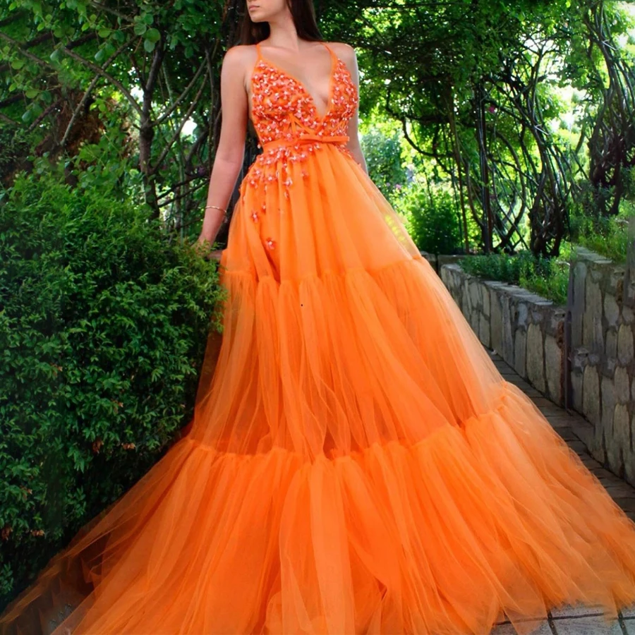 

Halter Neckline Organza Tulle Empire Waist Prom Dress with 3D Flowers Tulle Evening Dress vestidos largos de fiesta