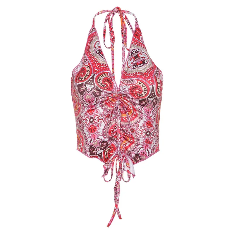 

2021 Women V Neck Pink Y2k Crop Top Summer Halter Backless Off Shoulder Bandage Ruched Print Red Sexy Tank Tops Vintage